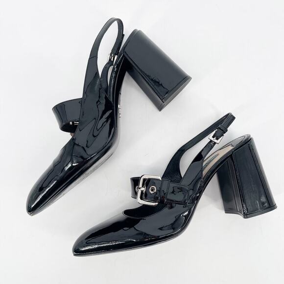 Prada Black Patent Leather Pointed Toe Mary Jane Strap Slingback Heel IT 40 - Picture 4 of 13